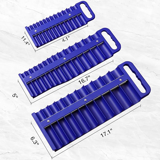 Magnetic Socket Organizer Set, 3 Pcs Blue Portable Heavy Duty Socket Rail Set: 1/4-Inch x 22 Pallets, 3/8-Inch x 28 Pallets, 1/2-Inch x 26 Pallets, Hold 76 Sockets - Fit Shallow&Deep Sockets