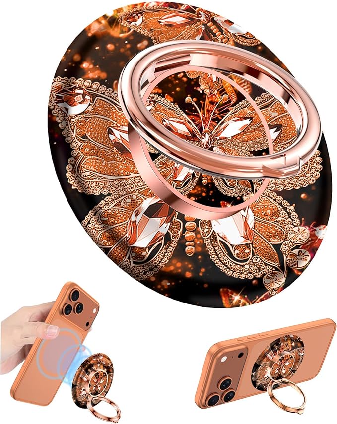 Magnetic Phone Ring Holder for MagSafe Grip,[Super Magnet],Stylish 360° Rotation Cell Phone Grip Stand Finger Ring Kickstand for iPhone 17 16 15 14 Pro Max,iPad and Smartphones,Orange