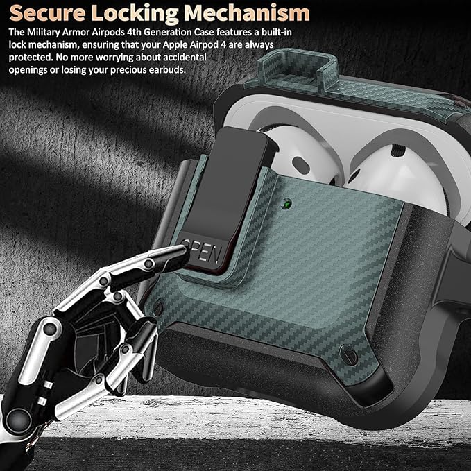 for Airpods 4 Case with Lock Clip, Rugged Apple Airpods 4th Generation Cover 2024 Men Women, Armor Shockproof iPod 4 Gen Protective Hard Shell with Carabiner&Cleaner kit,CF Black/Green