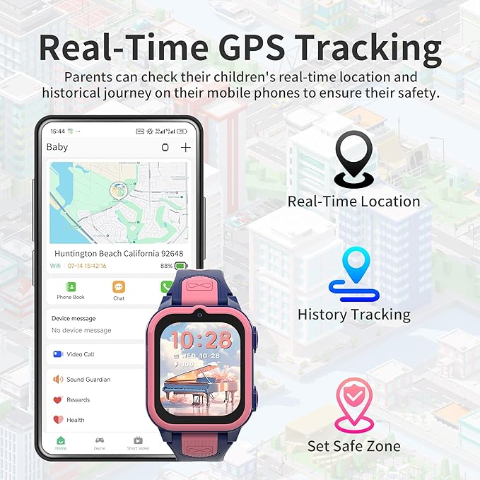 4G Kids Smart Watches Girls with GPS Tracker, Kids Cell Phone Watch with Video & Voice Calling Texting SOS Call Chat Camera Pedometer Alarm Calculator Games, Smart Watch for Girls Age 5-12(Pink)