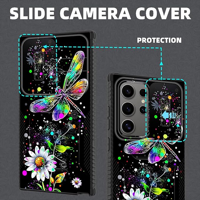 for Galaxy S24 Ultra Case Built in Slide Camera Lens Cover,Heavy Duty Shockproof Protection Dual Layer Case for Samsung Galaxy S24 Ultra 6.8" 2024,Dragonfly and Daisy Flower