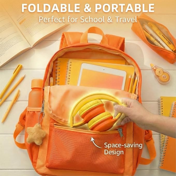 Wired Kids Headphones with USB C Plug, 85dB Safe Volume, Adjustable Headband, Tangle-Free Cord Headphones for School, Tablet, Travel (Yellow & Orange, with Microphone)
