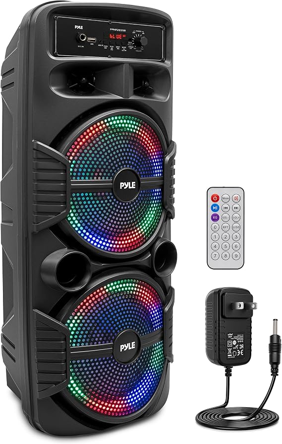Pyle Portable Bluetooth PA Speaker System-600W Rechargeable Indoor/Outdoor Bluetooth Speaker Portable System w/Dual 8” Subwoofer 1”Tweeter, Microphone in, Party Lights, USB,Radio, Remote-PPHP2835B
