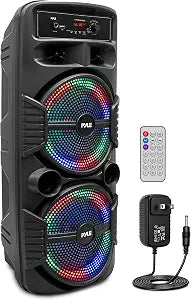 Pyle Portable Bluetooth PA Speaker System-600W Rechargeable Indoor/Outdoor Bluetooth Speaker Portable System w/Dual 8” Subwoofer 1”Tweeter, Microphone in, Party Lights, USB,Radio, Remote-PPHP2835B