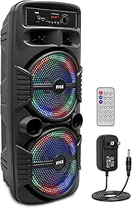 Pyle Portable Bluetooth PA Speaker System-600W Rechargeable Indoor/Outdoor Bluetooth Speaker Portable System w/Dual 8” Subwoofer 1”Tweeter, Microphone in, Party Lights, USB,Radio, Remote-PPHP2835B