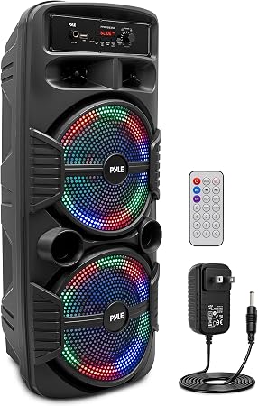 Pyle Portable Bluetooth PA Speaker System-600W Rechargeable Indoor/Outdoor Bluetooth Speaker Portable System w/Dual 8” Subwoofer 1”Tweeter, Microphone in, Party Lights, USB,Radio, Remote-PPHP2835B