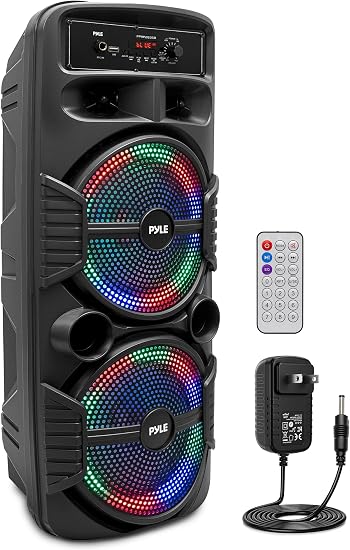 Pyle Portable Bluetooth PA Speaker System-600W Rechargeable Indoor/Outdoor Bluetooth Speaker Portable System w/Dual 8” Subwoofer 1”Tweeter, Microphone in, Party Lights, USB,Radio, Remote-PPHP2835B