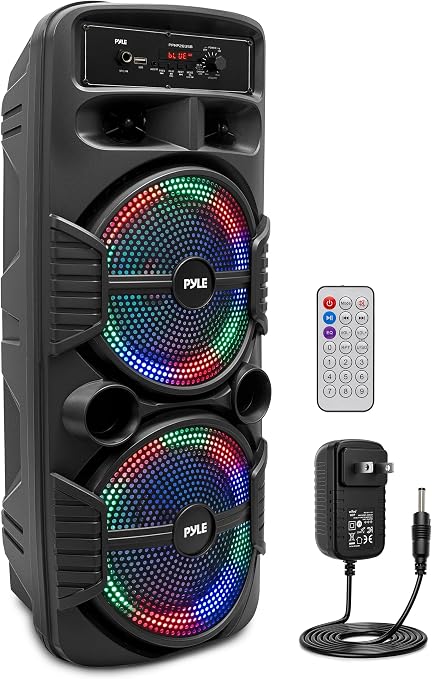 Pyle Portable Bluetooth PA Speaker System-600W Rechargeable Indoor/Outdoor Bluetooth Speaker Portable System w/Dual 8” Subwoofer 1”Tweeter, Microphone in, Party Lights, USB,Radio, Remote-PPHP2835B