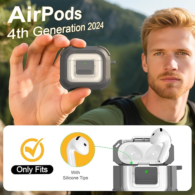 RFUNGUANGO for AirPods 4 Case, Compatible with AirPods 4th Generation Case (2024), Compatible with MagSafe, Magnetic Automatic Lock with Cleaner Kit and Keychain, Front LED Visible, Gray