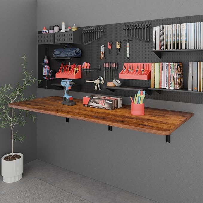 IAE 48" x 22" Floating Foldable Desk,Wall-Mounted Folding Computer Table with Engineered Wood,Study Table with Shelf Brackets,Fold Down Shelf,Fold Computer Desk for Small Spaces,Holds 500 lb,Rustic