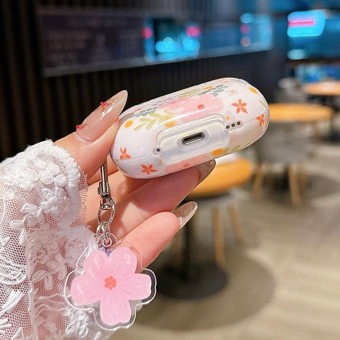 Cute Airpod Pro 2 Case Aesthetic Flower with Keychain TPU Protective Cover Compatible with AirPods Pro 2nd Generation Case for Teens Girls Women (IMD Pink Floral)