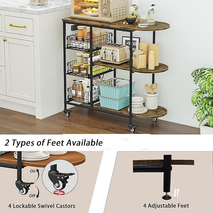 LINZINAR Kitchen Bakers Rack with Power Outlet Coffee Bar Table 3 Tiers Microwave Oven Stand with Wheels Pull-Out Wire Basket Kitchen Storage Shelf Rack for Spices Pots and Pans (Black, 3Tier)