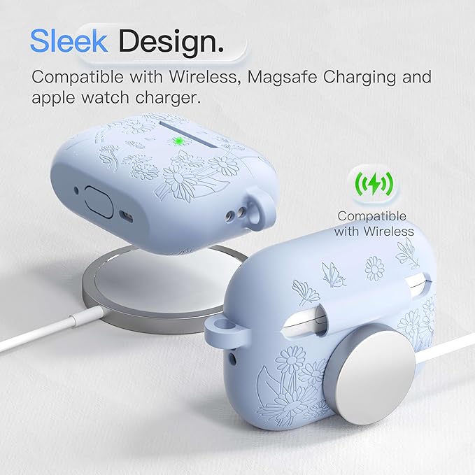 for AirPods Pro 3 Case (2025) DamonLight Daisy Floral Engraved Shockproof Protective Soft Silicone Case Cover with Cleaning Pen and Keychain for Apple Airpods Pro 3rd Generation (Blue)