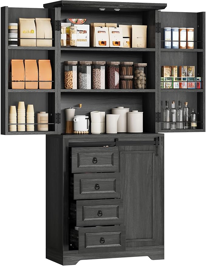 DWVO 71" Kitchen Pantry Storage Cabinet with Barn Doors, Tall Kitchen Cabinets with 4 Drawers and Adjustable Shelves, Versatile Storage for Living Room, Dining Room or Hallway, Grey Rustic Oak