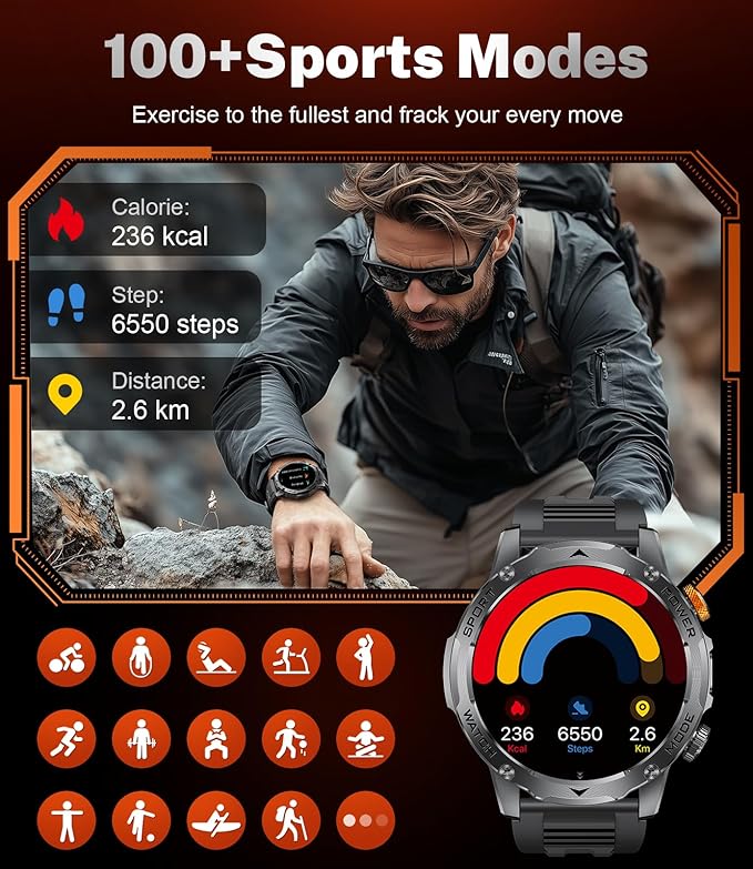 Military Smart Watches with 1000 mAh Battery/Flashlight/3 Bands,1.75'' HD Display Smart Watch(Make Call),IP68 Waterproof Fitness Tracker with Heart Rate,Sleep Monitor,100+ Sport Modes,for iOS Android