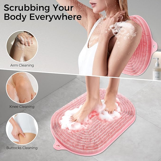 Shower Foot Scrubber - XXL Large Silicone Bath Mat for Exfoliating & Massaging Feet in Shower, Non-Slip Suction Cups, Dead Skin Remover, Callus Cleaner for Men & Women, 20.9"x13.8" Pink