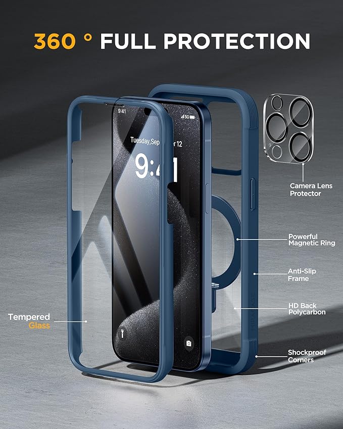 Miracase for iPhone 15 Pro Max Case with 360° Magnetic Ring Stand [Compatible with Magsafe] Full-Body Drop Proof Bumper Phone Case with Built-in 9H Tempered Glass Screen Protector,Blue