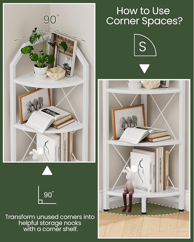 3-Tier Corner Shelf, Industrial Corner Bookshelf, 35.4" Storage Stand, Plant Stand Display Shelf, Bookcase for Bedroom, Living Room, Home Office, White TCJ03WB