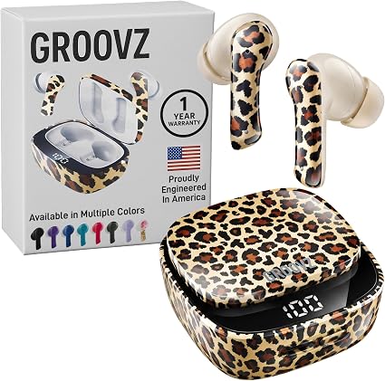 Groovz Plus True Wireless Earbuds with Wireless Charging Case - Designed in the USA - IPX4 Water Resistant Bluetooth Earbuds Compatible with Apple & Android - 46Hr Battery - Dual Microphone - Leopard