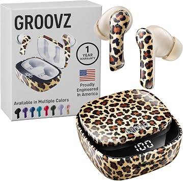 Groovz Plus True Wireless Earbuds with Wireless Charging Case - Designed in the USA - IPX4 Water Resistant Bluetooth Earbuds Compatible with Apple & Android - 46Hr Battery - Dual Microphone - Leopard