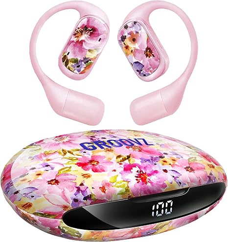 Groovz Open-Ear Plus True Wireless Headphones with Battery Display - Designed & Engineered in the USA - Multi-Point Pairing Bluetooth Open Ear Earbuds Compatible with Apple & Android - Floral