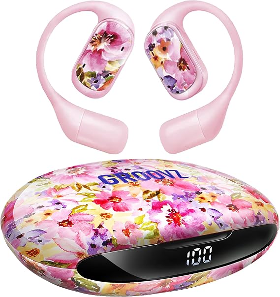 Groovz Open-Ear Plus True Wireless Headphones with Battery Display - Designed & Engineered in the USA - Multi-Point Pairing Bluetooth Open Ear Earbuds Compatible with Apple & Android - Floral