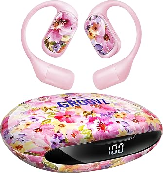 Groovz Open-Ear Plus True Wireless Headphones with Battery Display - Designed & Engineered in the USA - Multi-Point Pairing Bluetooth Open Ear Earbuds Compatible with Apple & Android - Floral