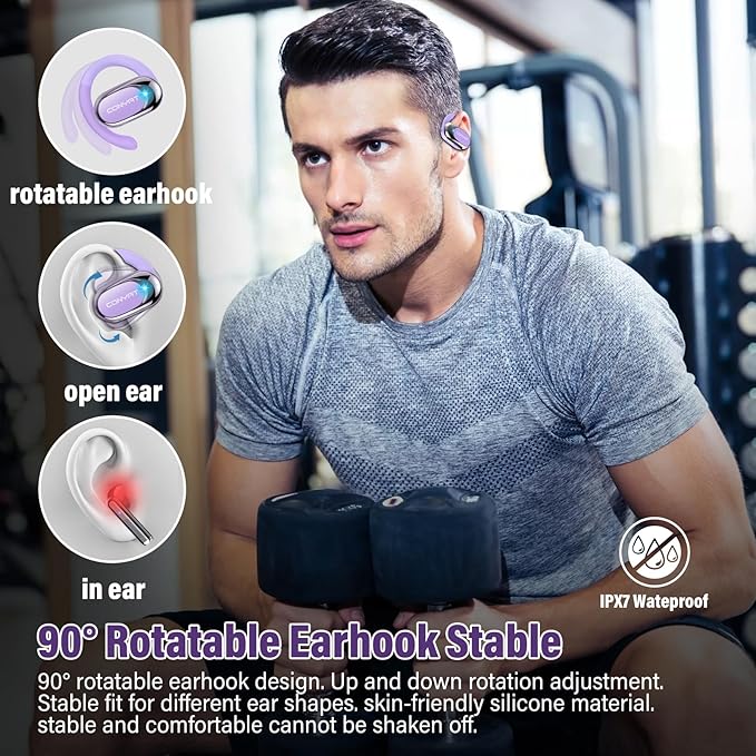 Open Ear Headphones, Wireless Bluetooth 5.4 Earbuds with Big Earhooks, Ultra-Comfort Open Ear Earbuds, 58 Hours HD Stereo Sound Over Ear Earphones, IP7 Waterproof Headset for Workouts, Deep Purple