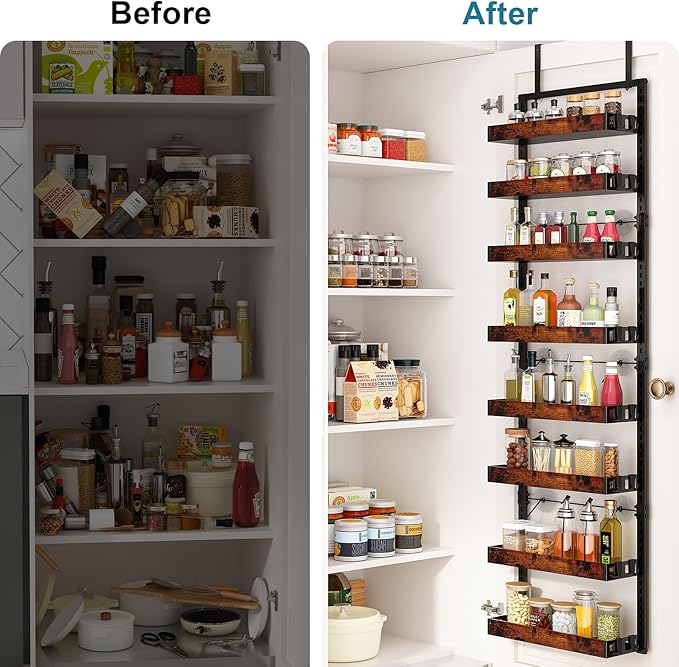 bukfen Over the Door Pantry Organizer, 8-Tier Adjustable Wooden Basket Kitchen Pantry Door Organization and Storage,2 in 1 Wall Mount or Hanging Heavy-Duty Metal Hanging Kitchen Spice Rack,1 Pack
