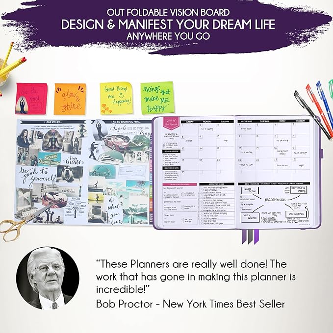 Law of Attraction Planner – Undated Hourly, Weekly & Monthly Goal Setting Planner, 12-Month to Increase Productivity | Life & Gratitude Journal, Include Foldable Vision Board, Gift Box & Stickers