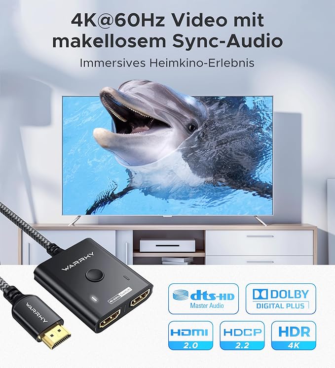 HDMI Switch 2 in 1 Out 4K@60Hz, WARRKY [3.3ft Fixed Braided HDMI Cable, Aluminum Case, HDCP 2.2] Bidirectional 2x1 Switcher (Not Splitter) Compatible for PS5/4, Nintendo Switch, FireStick – Black