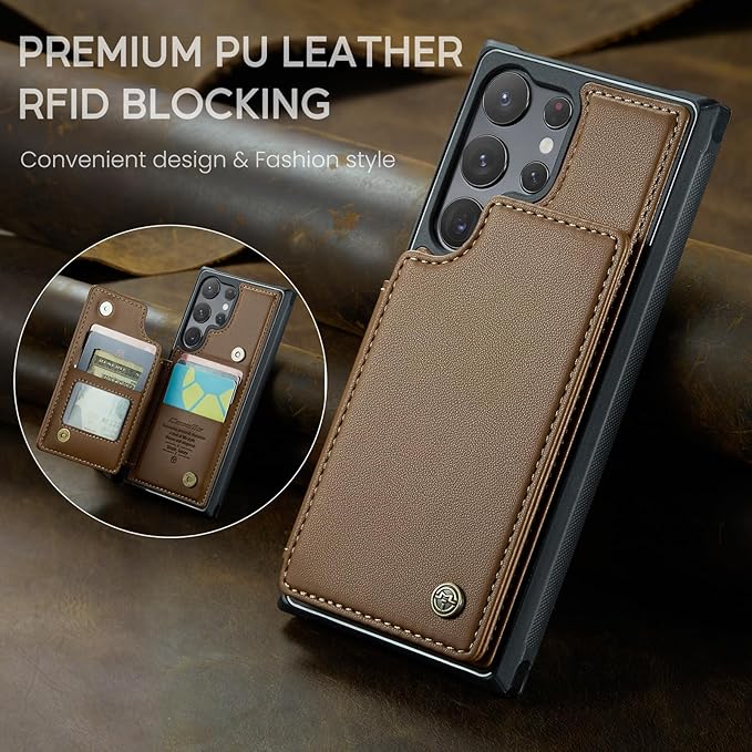 Bemal for Samsung Galaxy S23 Ultra Wallet Case with Card Holder, RFID Blocking, Shockproof Leather Kickstand for Men and Women, Durable Protective Phone Cover for 6.8", Brown