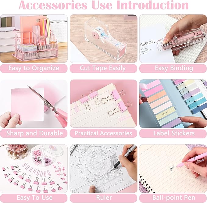 Pink Desk Organizers and Accessories, Pink Office Supplies with Mesh Desk Organizer, Acrylic Tape Dispenser and Stapler, Staples, Ballpoint Pen, Clips Set, Ruler, Scissor, Sticky Labels