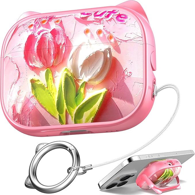 for AirPods Pro 2 Case with Cleaning Kit, Cute Cat Ear Print Design & Cute Buckle for Girls, Phone Holder & Top Safe Lock Buckle Design for AirPods Pro 2nd/1st Gen case, Tulip
