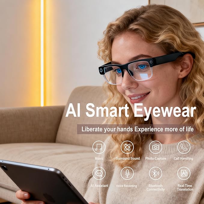 AI Smart Glasses with Camera, 8MP HD Video Recording, Real-Time Translation, Voice Assistant, camera glasses,ai glasses,Open-Ear Audio, Metal Frame, Auto Color-Changing Lenses for Travel & Vlogging