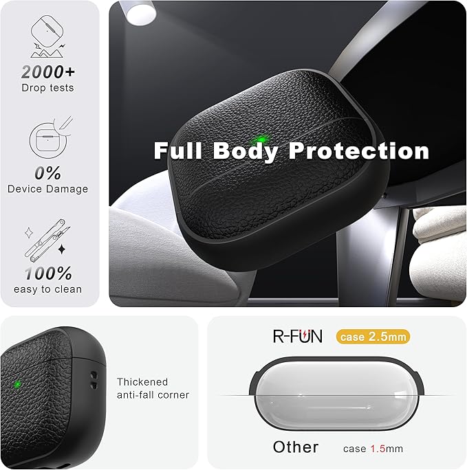 R-fun for Airpods 4 Case, Soft TPU (Leather-Like Design) Drop Protection Cover for Men and Women with Lanyard and Cleaner Kit, Compatible with Apple Latest Airpods 4th Gen(USB-C)(2024)-Black