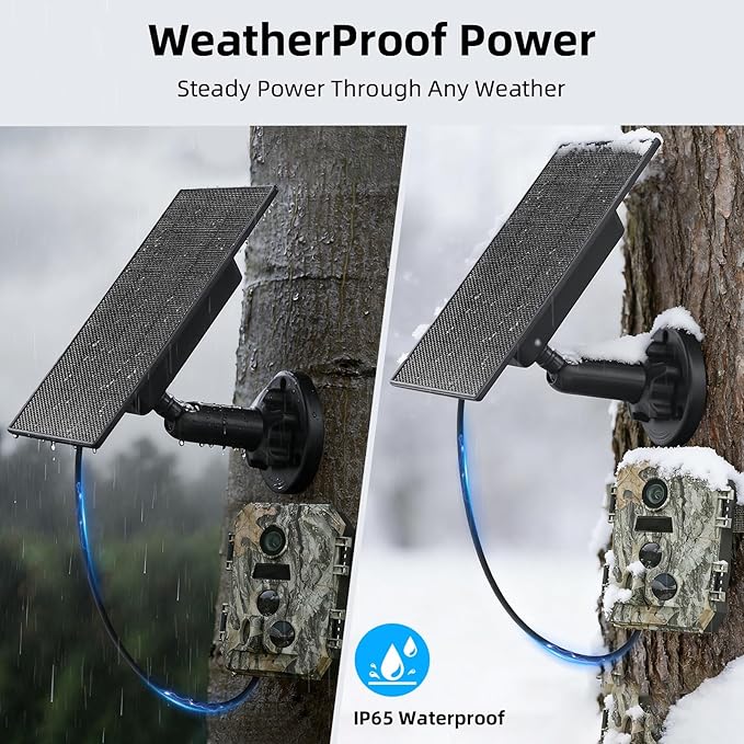 LIYVZ 3W Trail Camera Solar Panel with Built-in Battery 4000mAh, USB-C 5V & DC 6V Stable Output, 10 ft Cable & 360° Adjustable Bracket, IP65 Weatherproof, Compatible with Trail/Game Cameras
