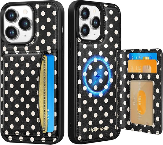 for iPhone 11 Pro Max Case with Wallet - Fits 4 Card Slots, Compatible with MagSafe for Women Aesthetic PU Leather Credit Card Holder Kickstand Phone Cover for Apple 11 Promax, Black Polka