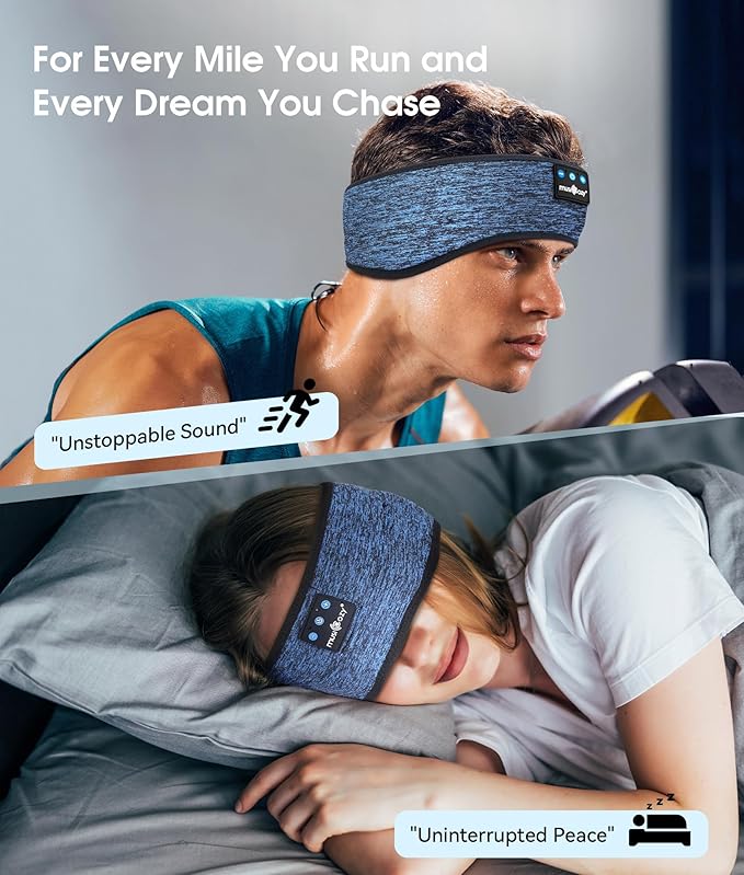 MUSICOZY Sleep Headphones Bluetooth Sports Headband, Wireless Music Sleeping Headphones Sleep Eye Mask Earbuds for Side Sleepers Workout Running Travel Yoga Office, Pack of 2