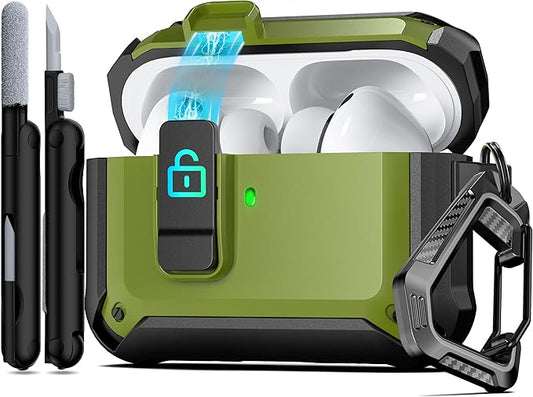 RFUNGUANGO AirPods Pro 3 Case (2025) with Safety Lock and Automatic Pop-up, Compatible with Airpods Pro 3rd Generation Case, Magnetic Lid, Compatible MagSafe, Hard Shockproof Protective, Dark Green