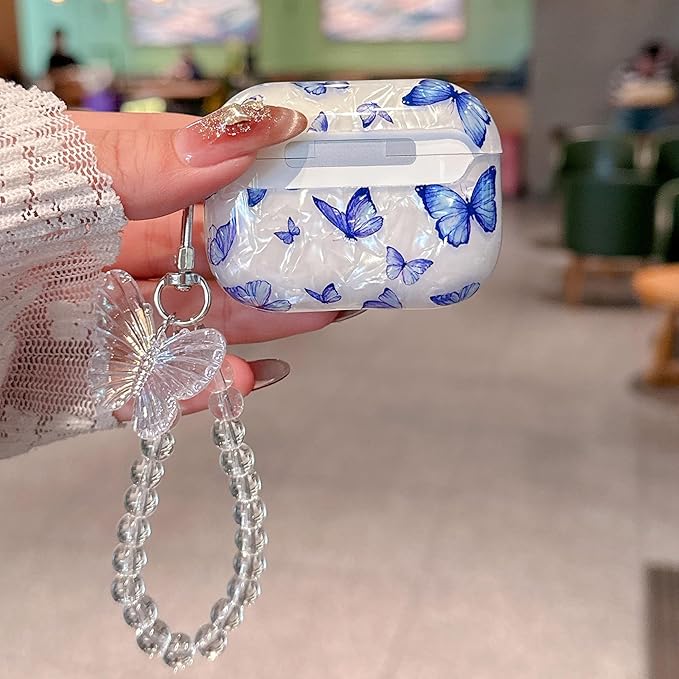 for Airpod Pro 3 Case 2025 Cute White Marble TPU Protective Cover with Keychain Compatible with AirPods Pro 3rd Generation Case for Girls Women (Bluish-Purple Butterfly)