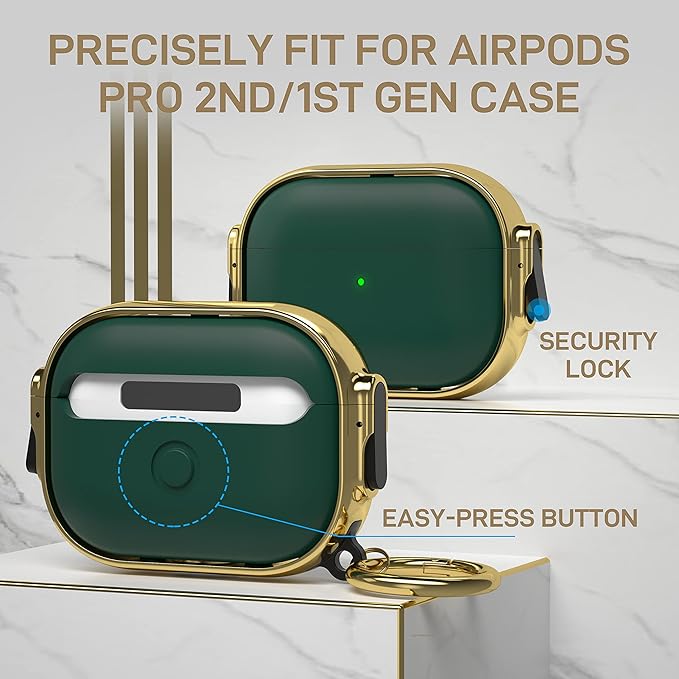 Maxjoy for AirPods Pro 2nd/1st Generation Case with Lock, Cute AirPods Pro 2 Case Lock Protective Hard AirPod Pro Cover for Women Men with Keychain for Airpod Pro (2023/2022/2019), Green/Gold