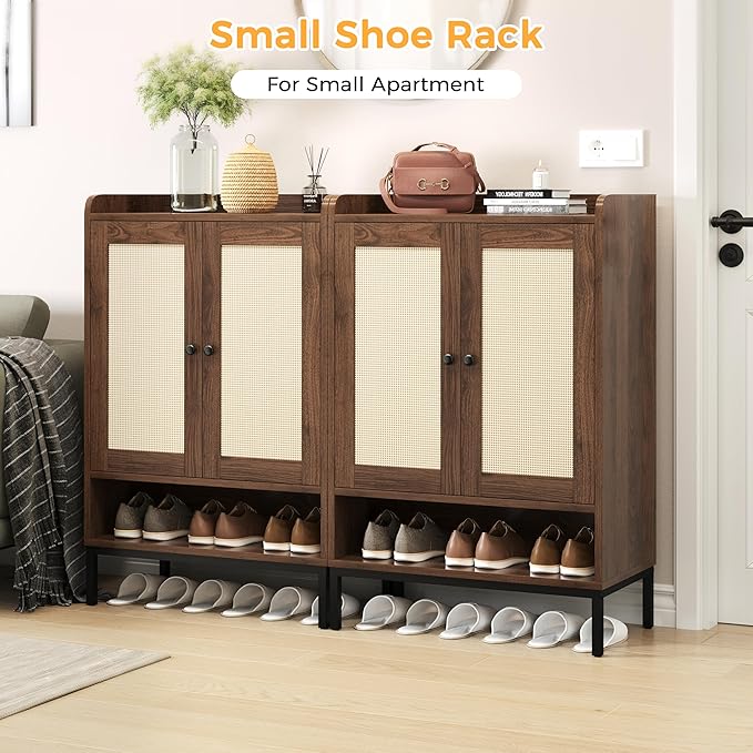 JASIWAY Rattan Shoe Cabinet Storage for Entryway, Shoe Cabinet with Adjustable Shelves for Entryway, 5-Tier, 20 Pair Shoe Rack Storage for Hallway, Closet, Living Room, Brown