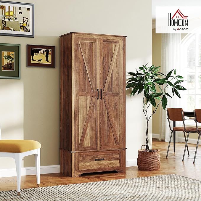 HOMCOM 72" Tall Farmhouse Kitchen Pantry Cabinet - Kitchen Storage Cabinet with Adjustable Shelves & 2 Barn Doors & Drawer, Versatile Storage Unit for Dining Room, Brown