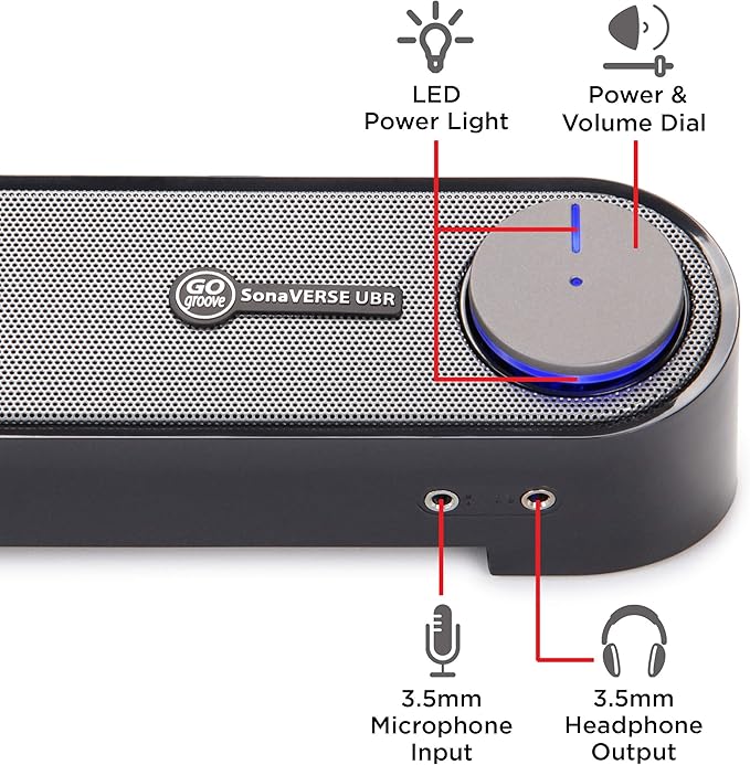 GOgroove Computer Speaker Mini Soundbar - USB Powered PC Sound Bar with Easy Setup Wired AUX, Stereo Audio, Microphone Port, Volume Control Knob, Under Monitor Design for Desktop (Black)