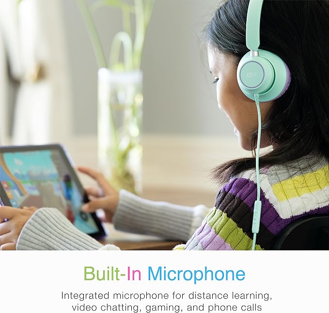 MEE audio KidJamz KJ45 Children’s Safe Listening Headphones with Volume Limiter & Microphone, Adjustable On-Ear Kids Headset Wired w/3.5mm Jack for Online Learning/School/Travel/Tablet (Mint/Lavender)