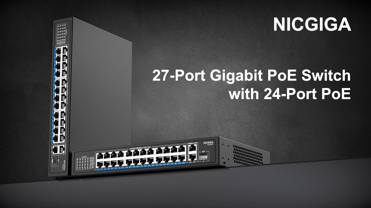 NICGIGA 24-Port Gigabit PoE Switch with 24 PoE+@300W, 2 Gigabit Uplink Ports, 1 SFP, Sturdy Metal for Desktop/Rack Mount, Plug and Play, Unmanaged Power Over Ethernet Switch