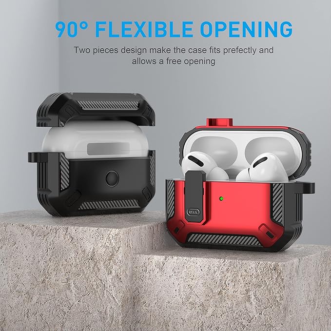Maxjoy for AirPods Pro Case Cover with Lock, AirPods Pro 1st Generation Case for Men Military Rugged Protective Cover with Keychain Compatible with Apple AirPod Pros 2019 Front LED Visible, Red Camo