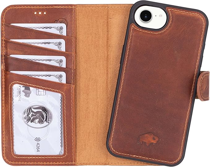 BLACKBROOK Leather Wallet Case for iPhone 17e/16e, Carter Premium Leather Magnetic 2-in-1 Wallet Set, Ready for MagSafe, RFID Protection, 4 Card Slots & ID Pocket