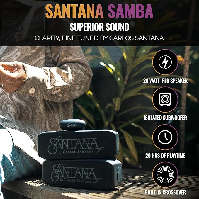 SANTANA BY CARLOS SANTANA Samba 40W High-Power Bluetooth Speaker with 48mm Drivers, Isolated Subwoofer, IP67 Waterproof, True Wireless Surround Sound, 20+ Hours Battery Life (Samba, Single Pack)